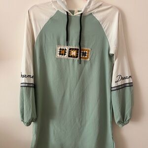 Green and White Hoodie Dress with Embroidery